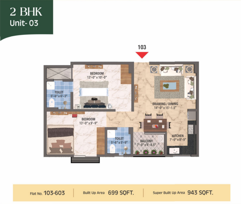 Floor Plan 2 BHK unit 3