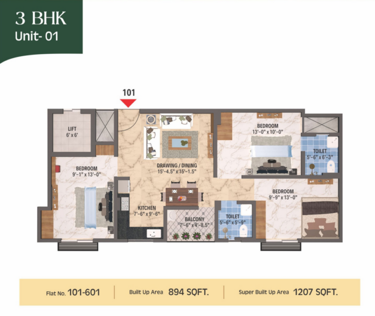 Floor Plan 3 BHK unit 1