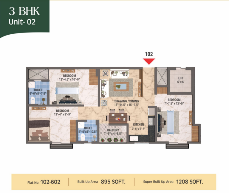 Floor Plan 3 BHK unit 2