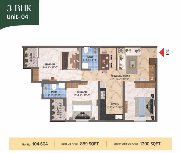 Floor Plan 3 BHK unit 4
